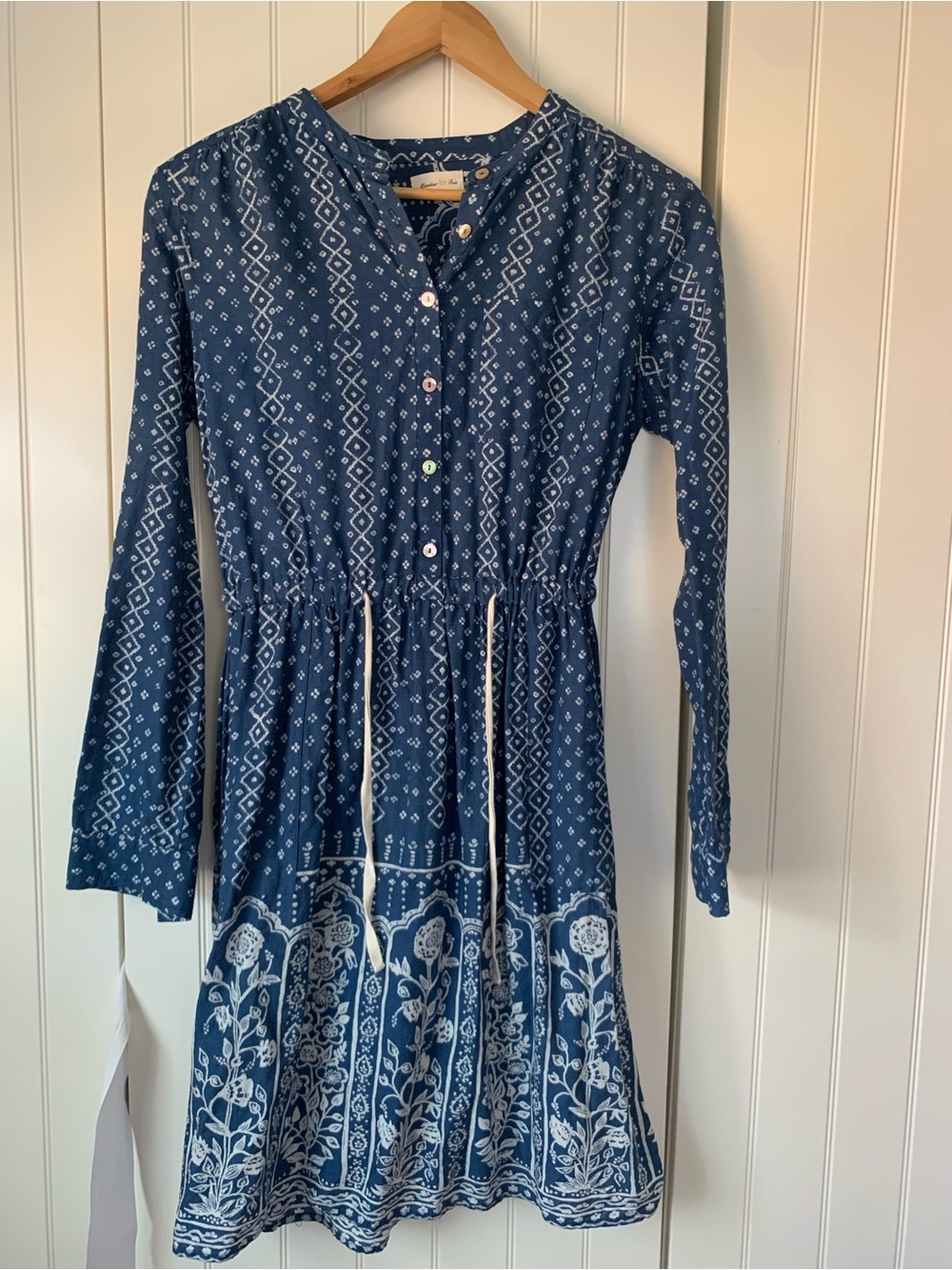 Anthropologie Meadow Rue Navy and White Printed Dress Label Close-Up